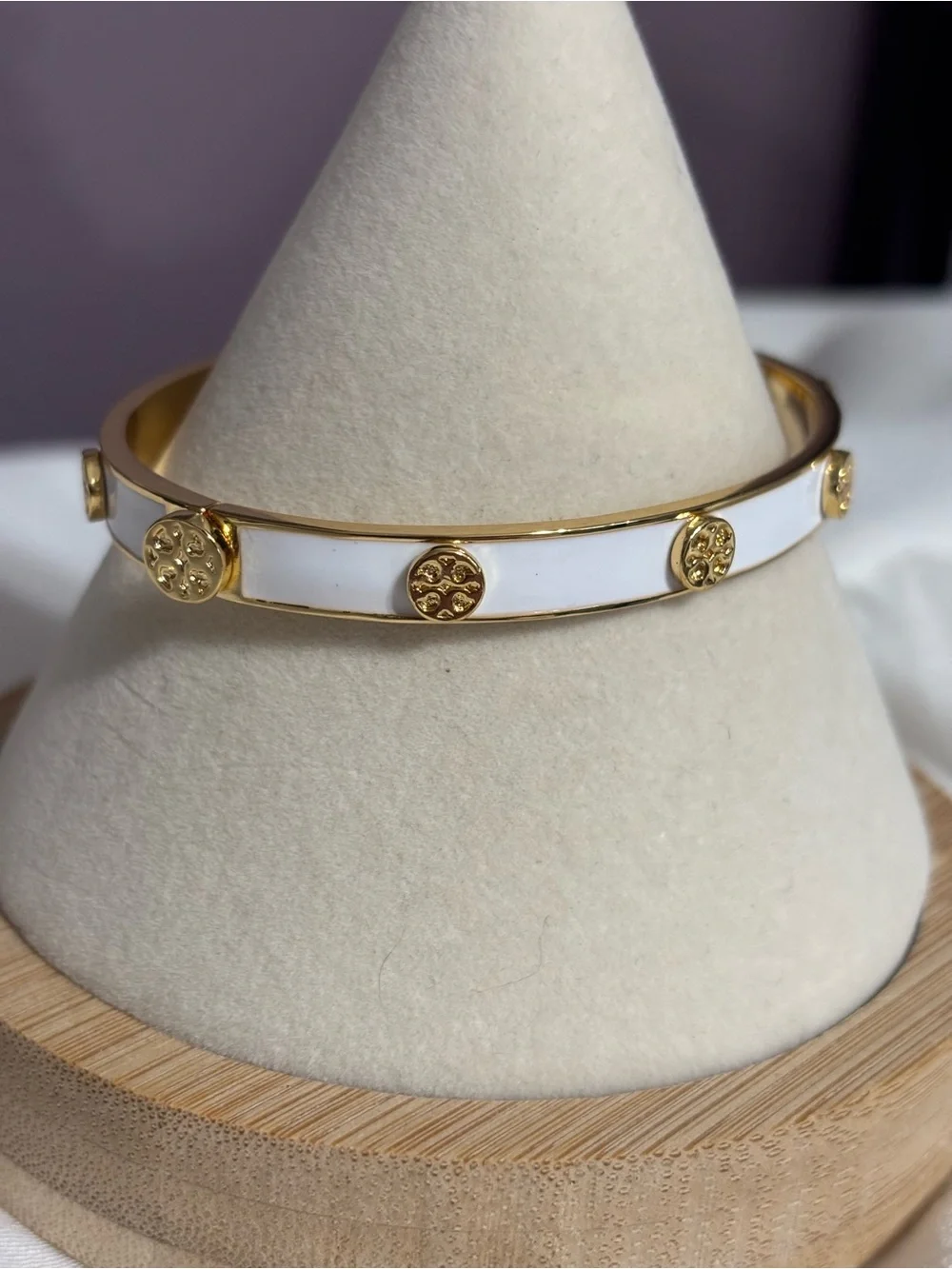 Tory Burch White Enamel and Gold Logo Bangle